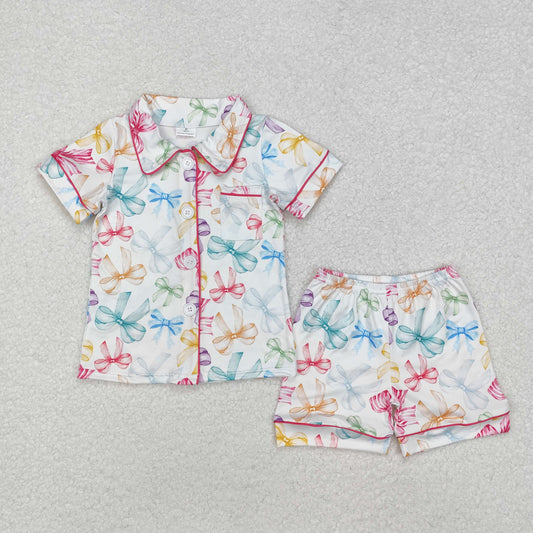 Colorful bow design baby girls short sleeve pajama set