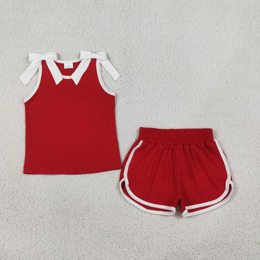 Red white bow top matching shorts girls summer outfit