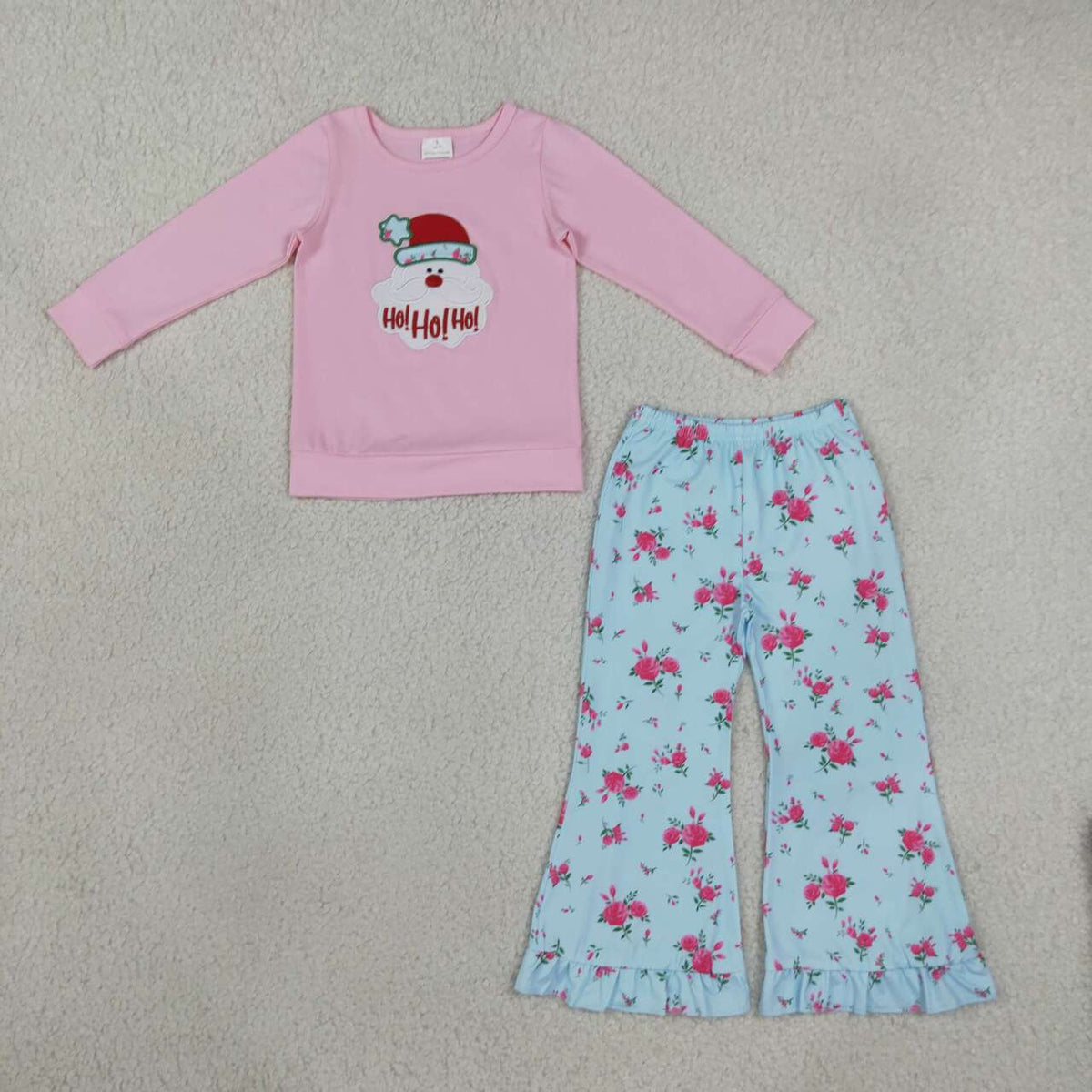 Long sleeve Christmas hohoho embroidery top matching pants girls wholesale factory price outfit