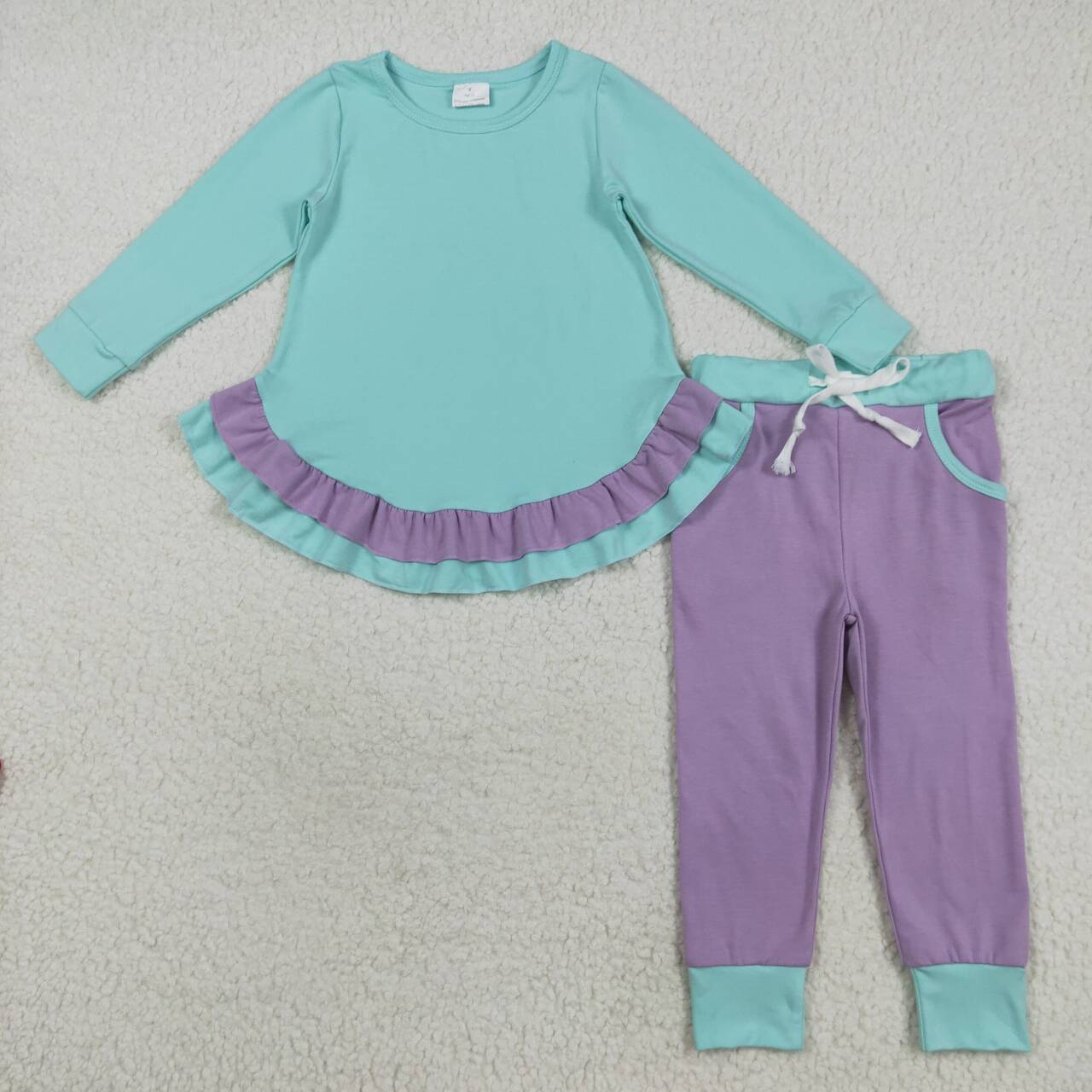 Blue shirt matching lavender pants kids long sleeve outfit