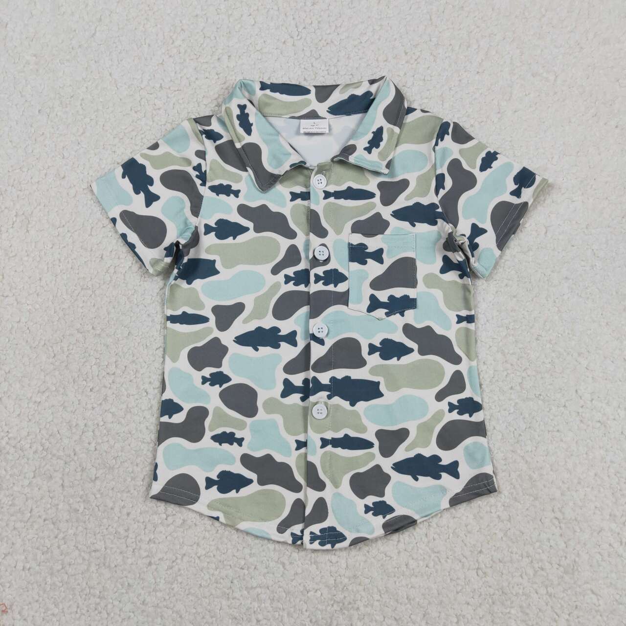 Green blue camo short sleeve button down t-shirt top