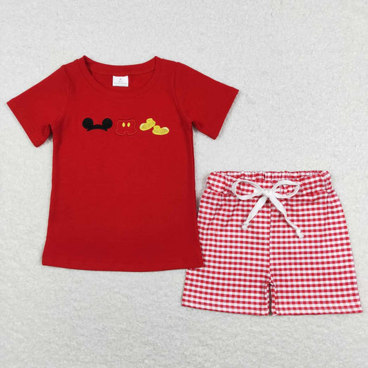 red cartoon top gingham shorts travel outfit