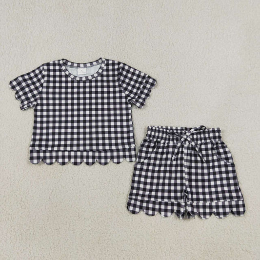 Black plaid design top matching shorts girls summer outfit