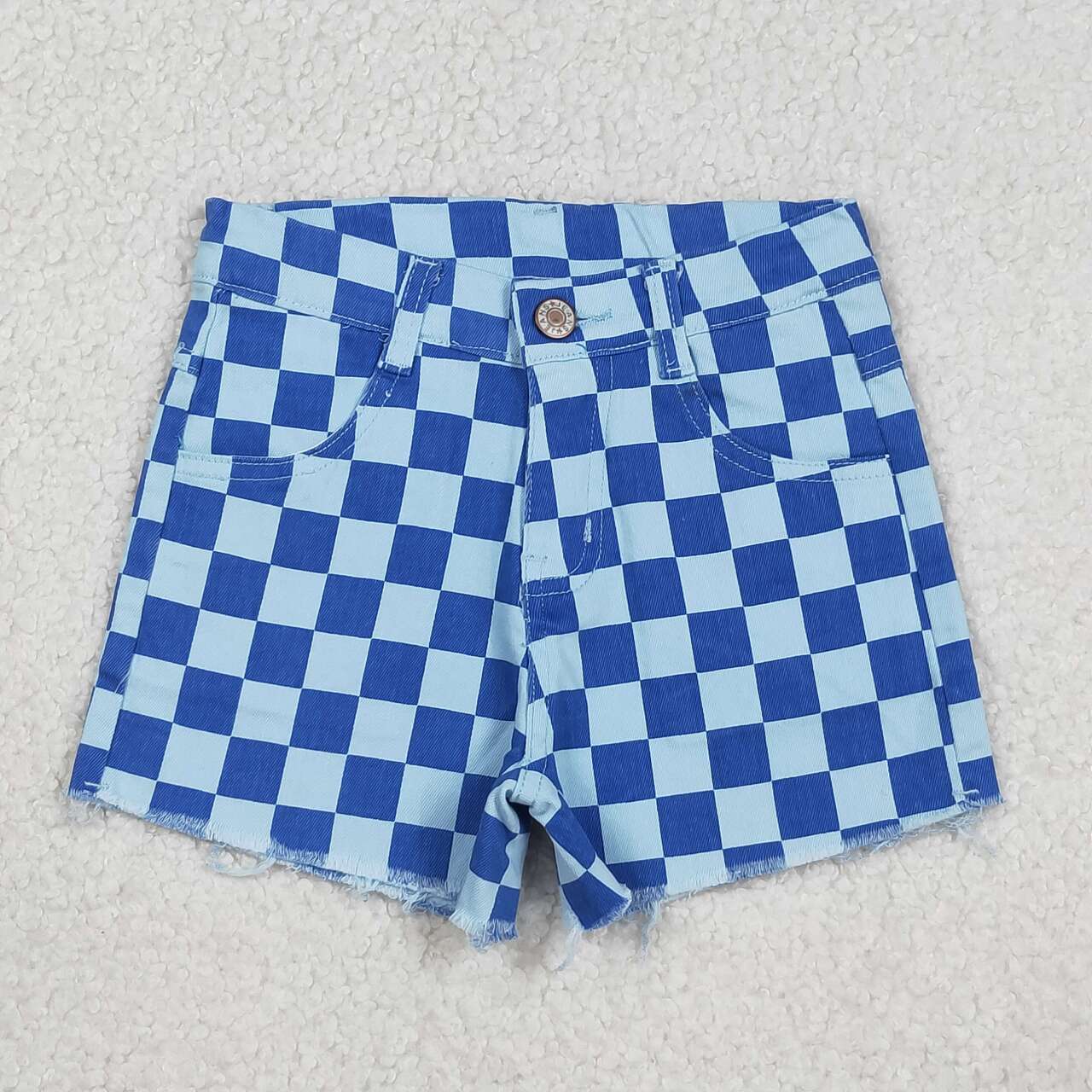 Blue checkered denim jeans shorts