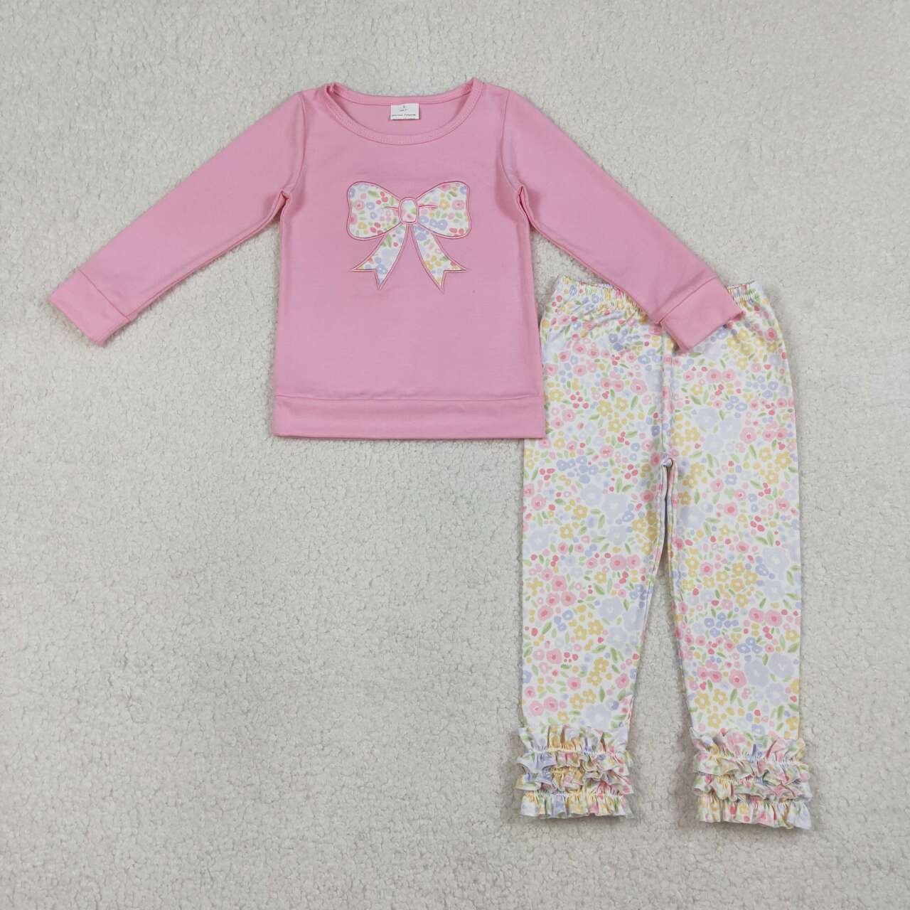 Embroidery Floral bow design kids girls long sleeve outfit
