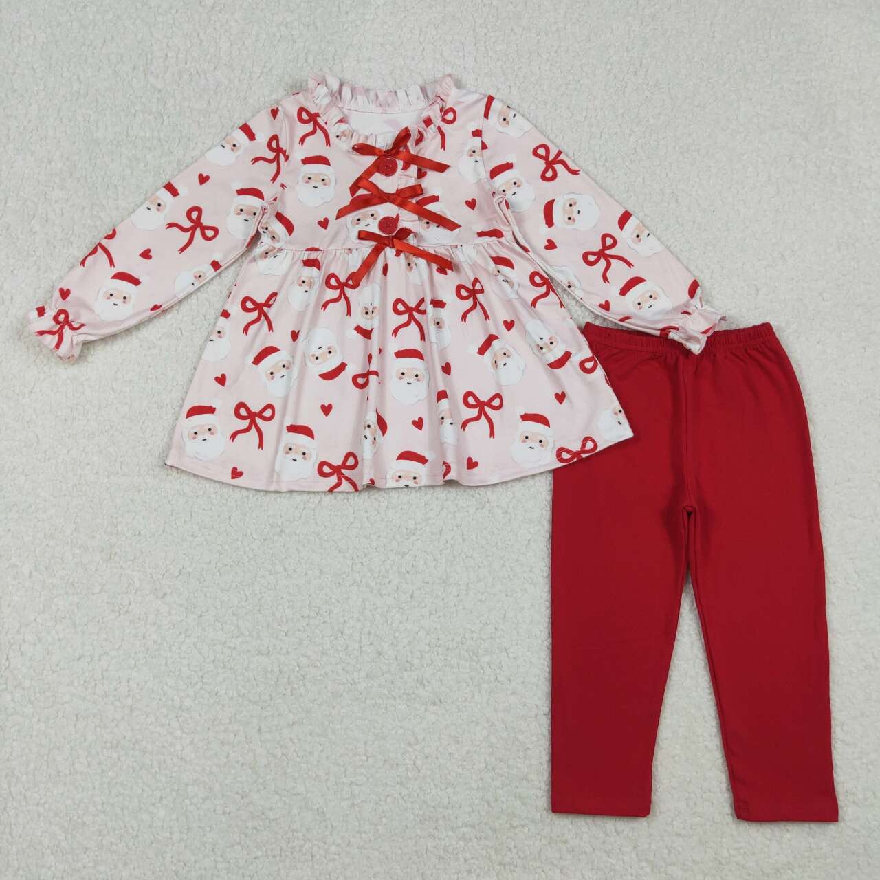 Christmas santa claus red bow kids long sleeve matching pajama set