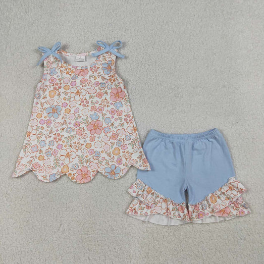 Pink blue flowers top matching shorts girls summer outfit
