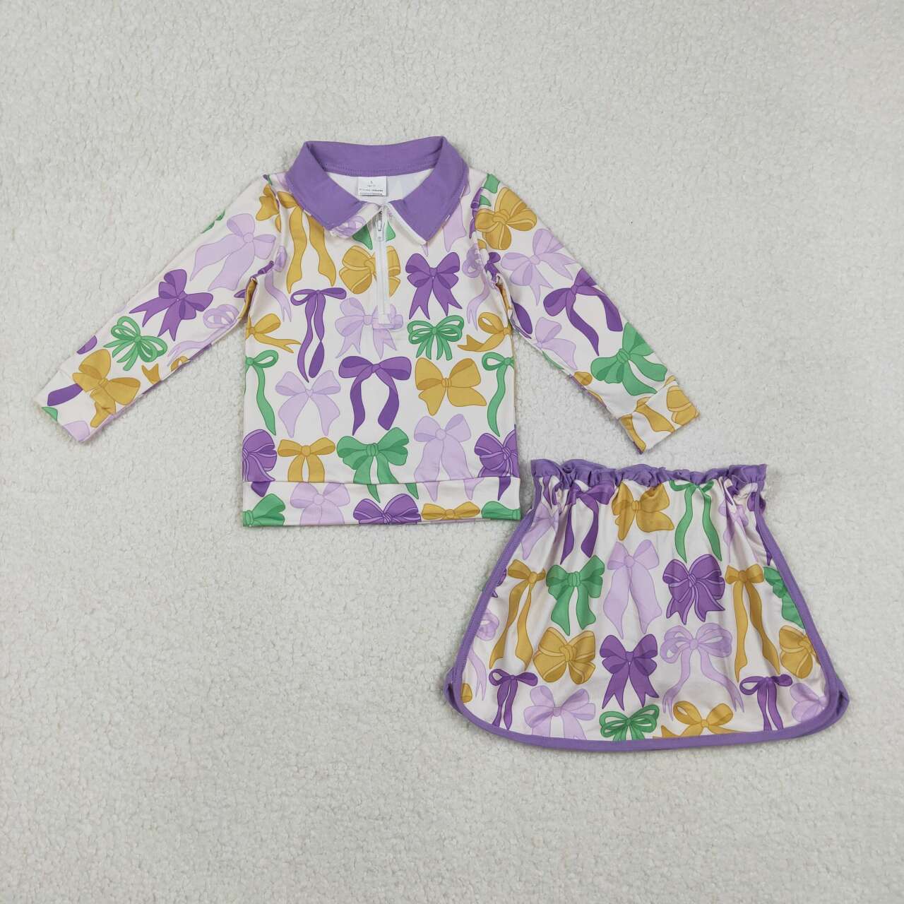 Mardi Gras bow pullover matching skirt girls outfit