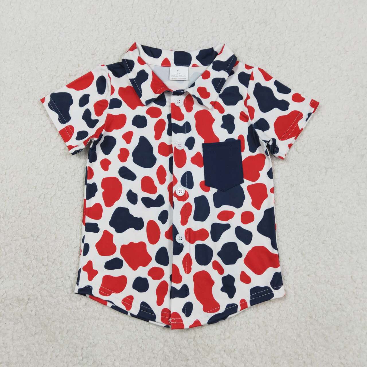 Red blue cow print boy short sleeve button top