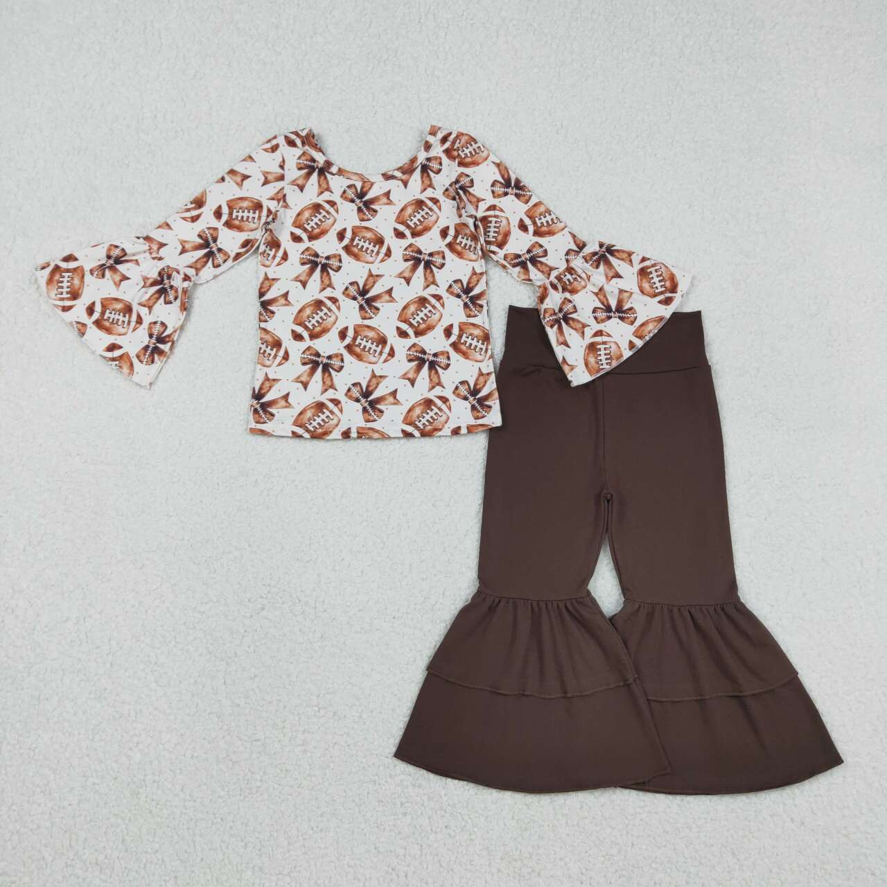 Football bow shirt brown pants girls  long sleeve outfit