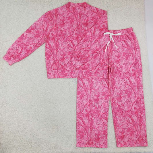 Adult Women hot pink leaves color long sleeve top matching pants outfit