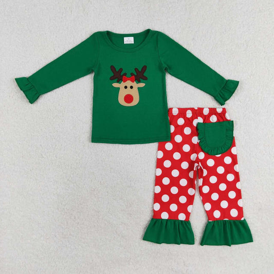 girls christmas embroidery reindeer long sleeve pajama set