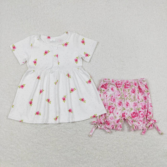 girls wholesale white floral shirt matching shorts outfit