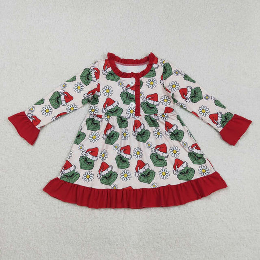 Christmas green face flowers girls long sleeve boutique dress