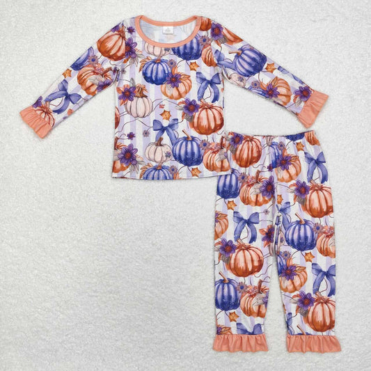 Floral Pumpkin Bow Fall Season Baby Girls Long Sleeve bamboo pajama set