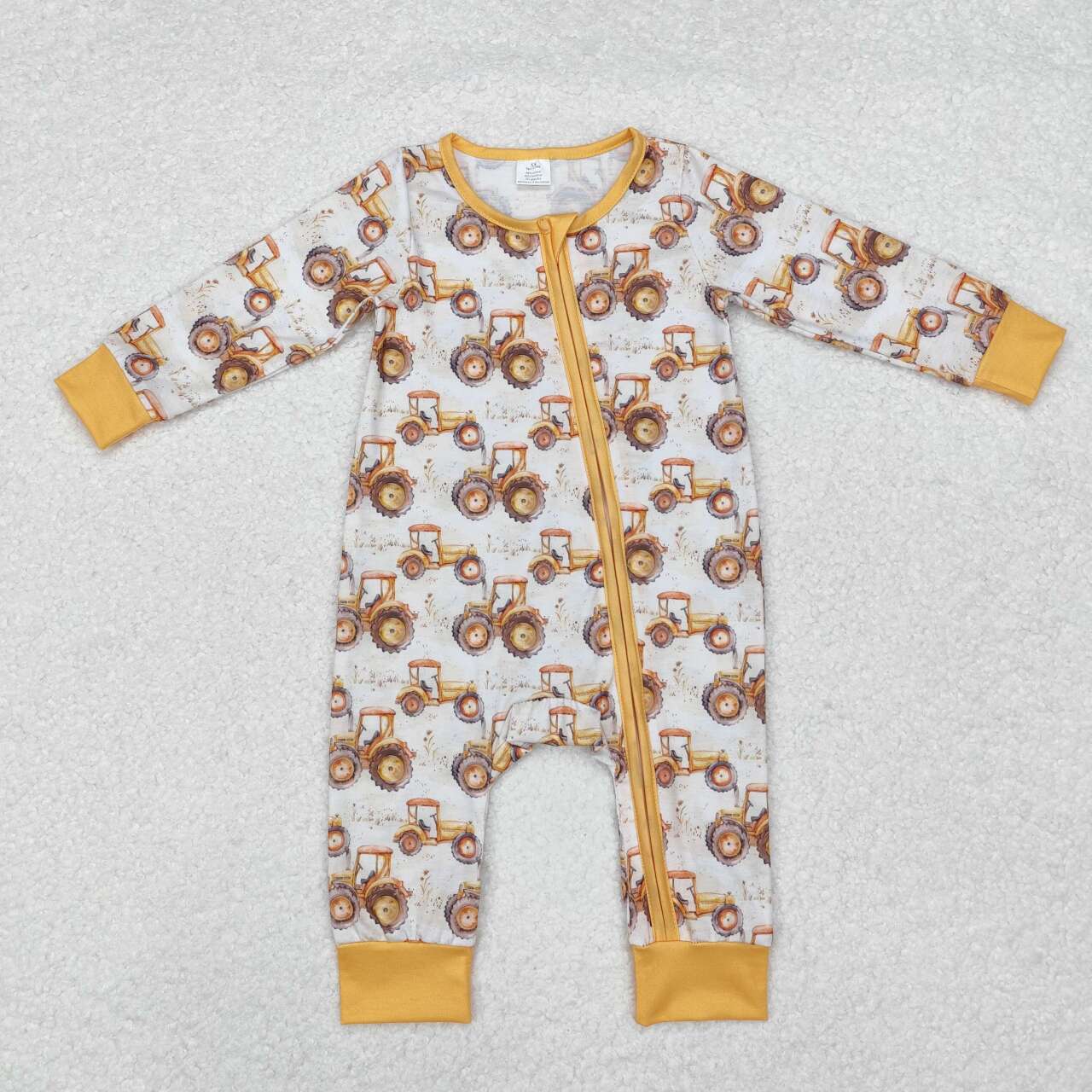 baby boy farm tractor long sleeve bamboo zip romper