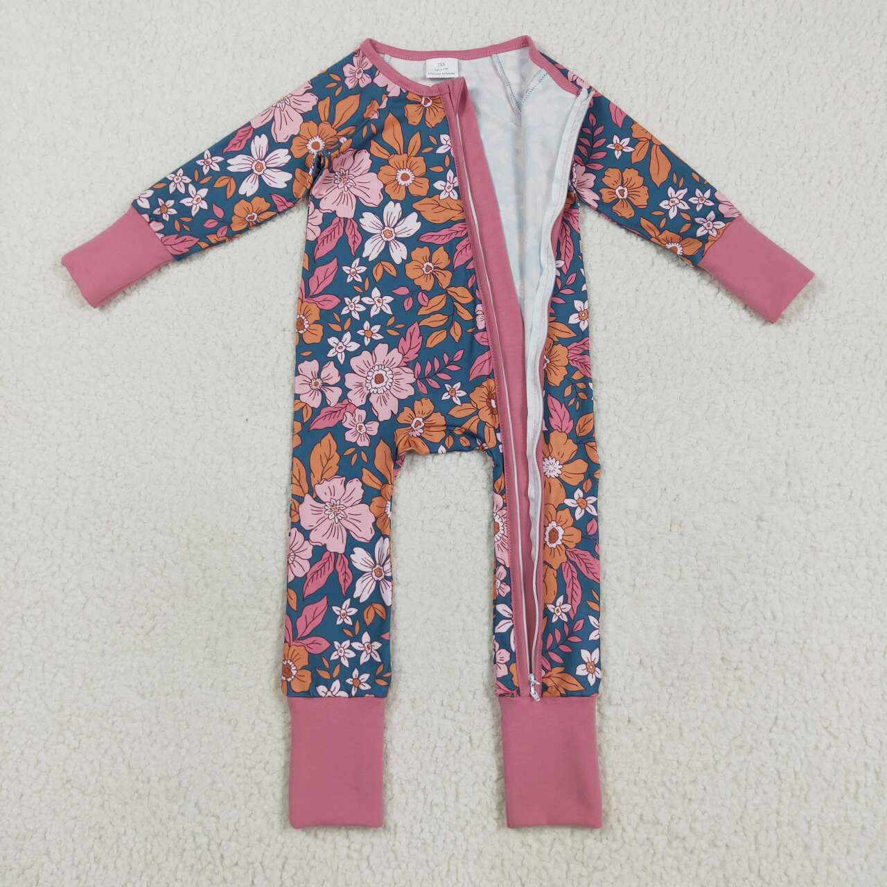 Floral design baby long sleeve spring fall zip romper