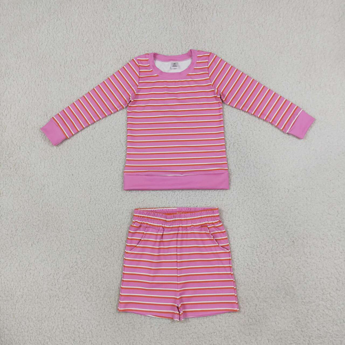 Pink stripes long sleeve yoga pullover top matching shorts girls outfit