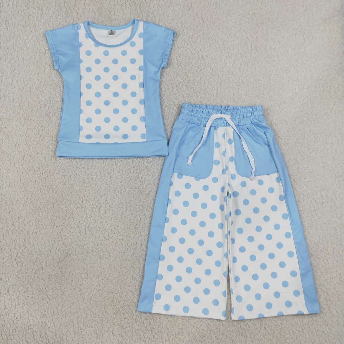 Blue polka dots yoga top matching pants girls spring fall outfit