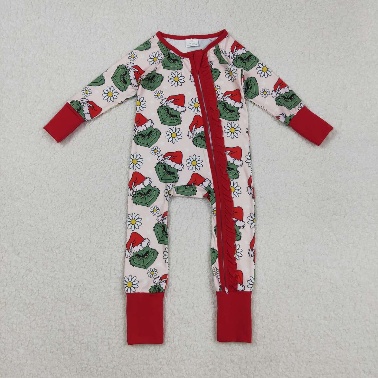 Christmas green face flowers design kids long sleeve romper