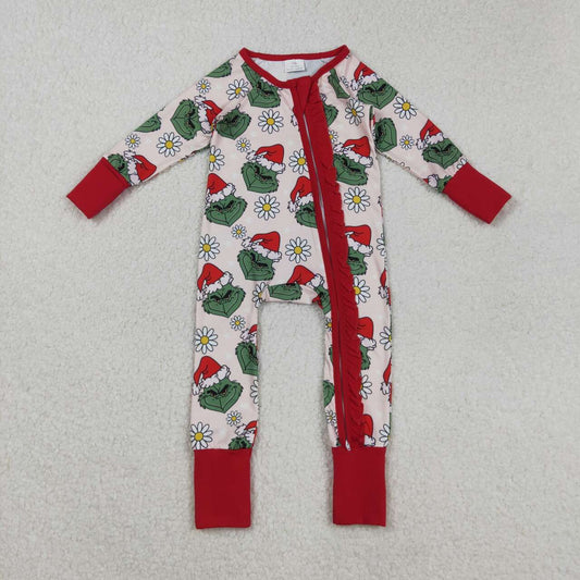 Christmas green face flowers design kids long sleeve romper