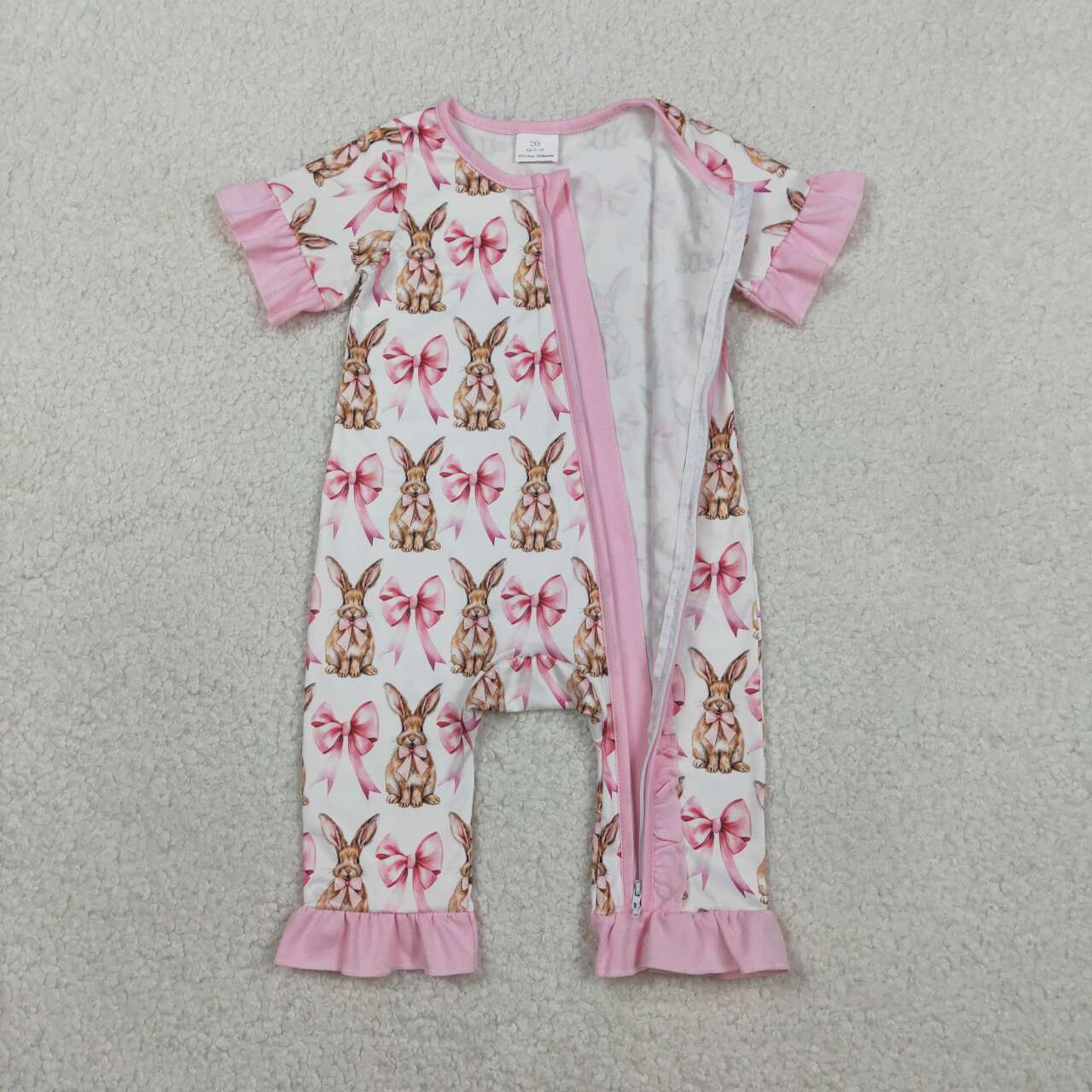 Easter bunny pink bow zip romper