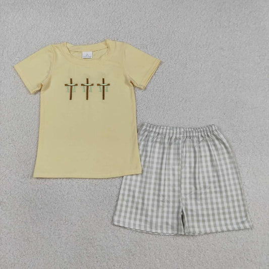 Easter cross embroidery top matching shorts boy summer outfit