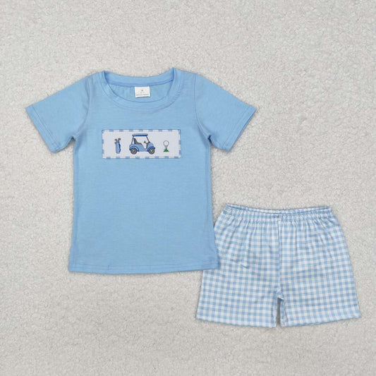 Baby boy embroidery golf design blue plaid outfit