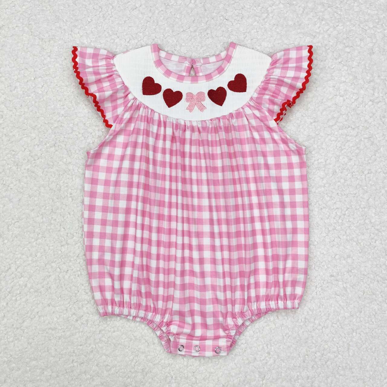 Embroidery Valentines heart pink plaid smocked romper preorder