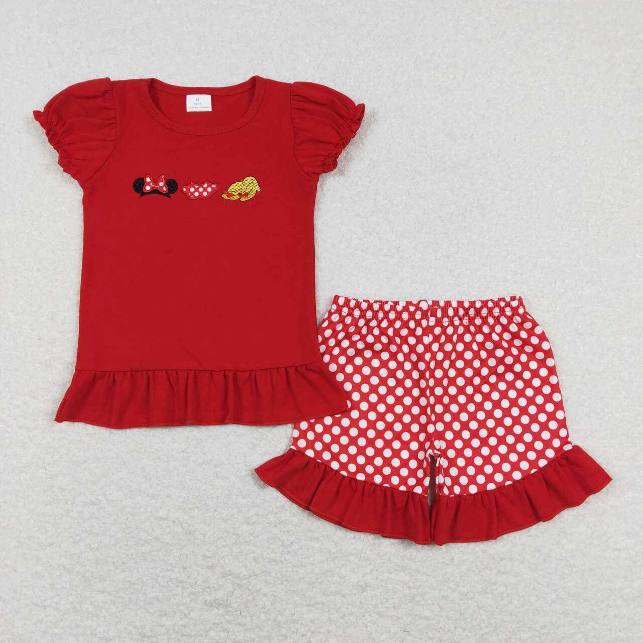 girls red cartoon top gingham shorts travel outfit