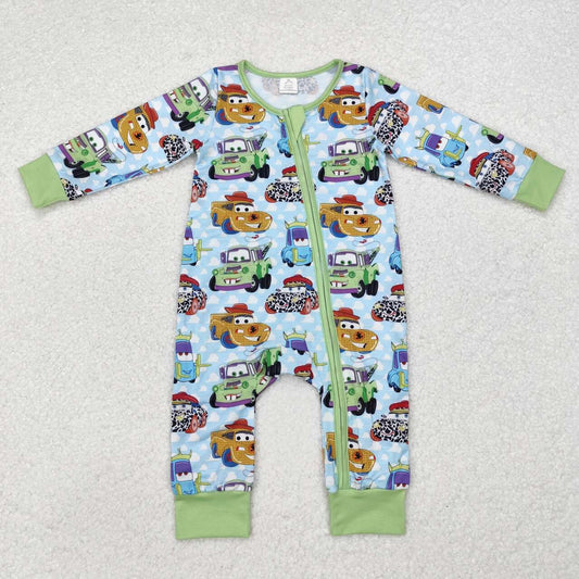 Infant baby boy cartoon car bamboo zip romper