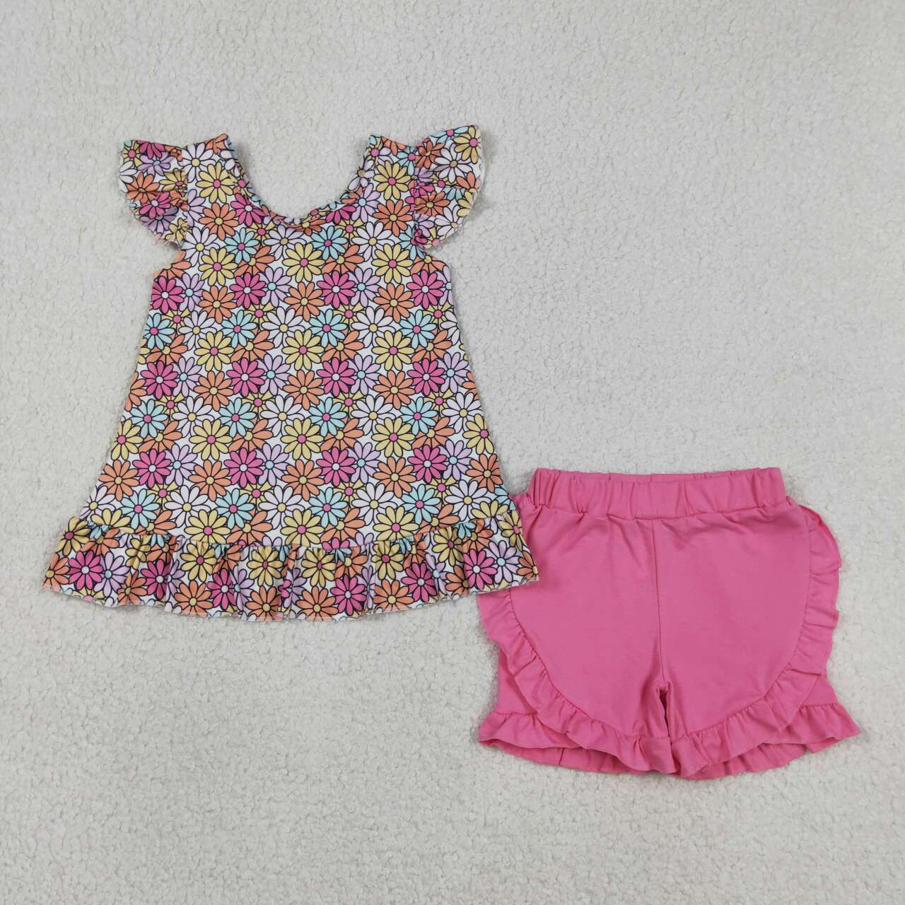 Colorful flowers top matching shorts girls summer outfit