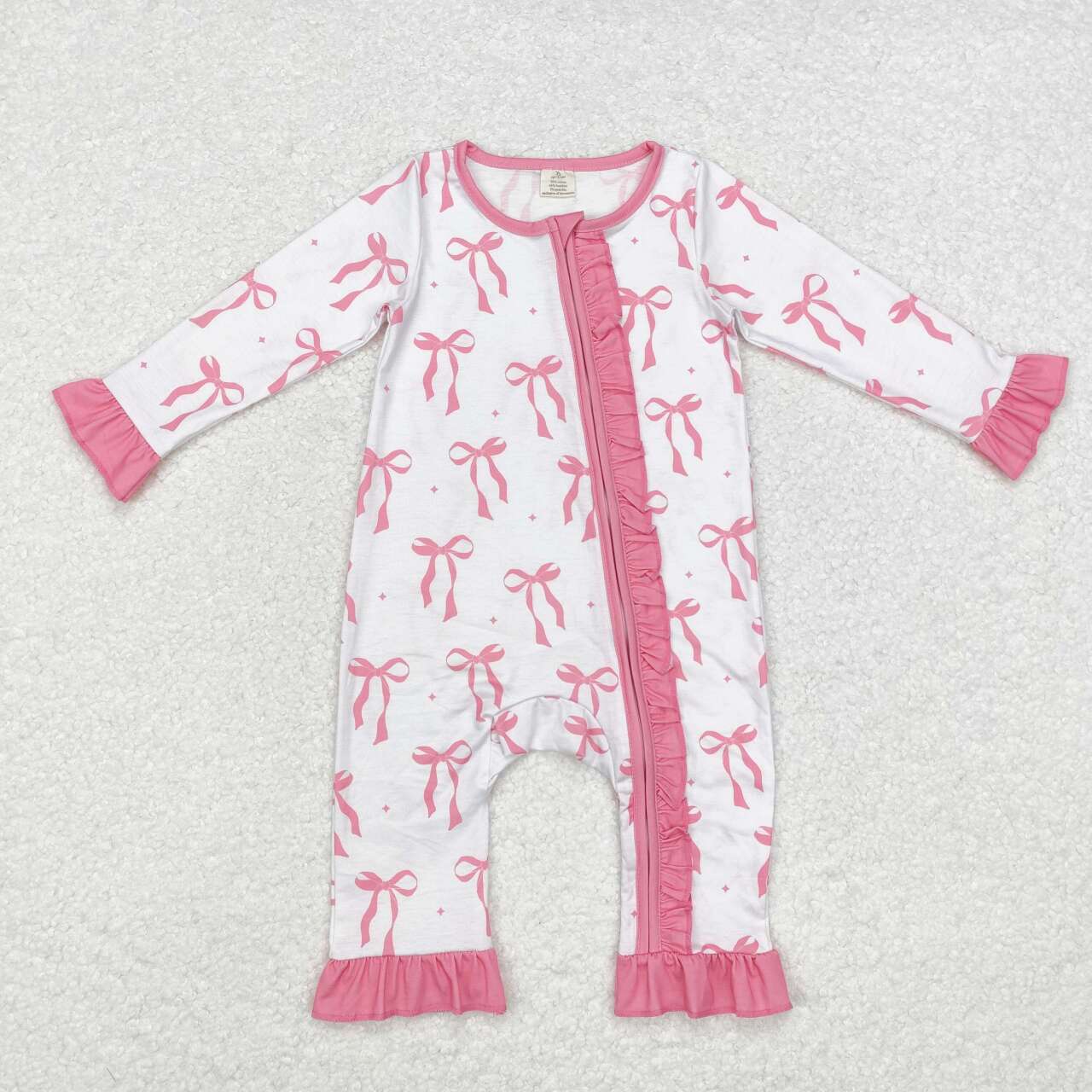 Wholesale kids girls pink bow long sleeve bamboo zip romper