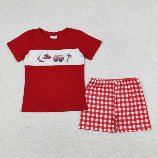 boy construction shirt red gingham shorts outfit