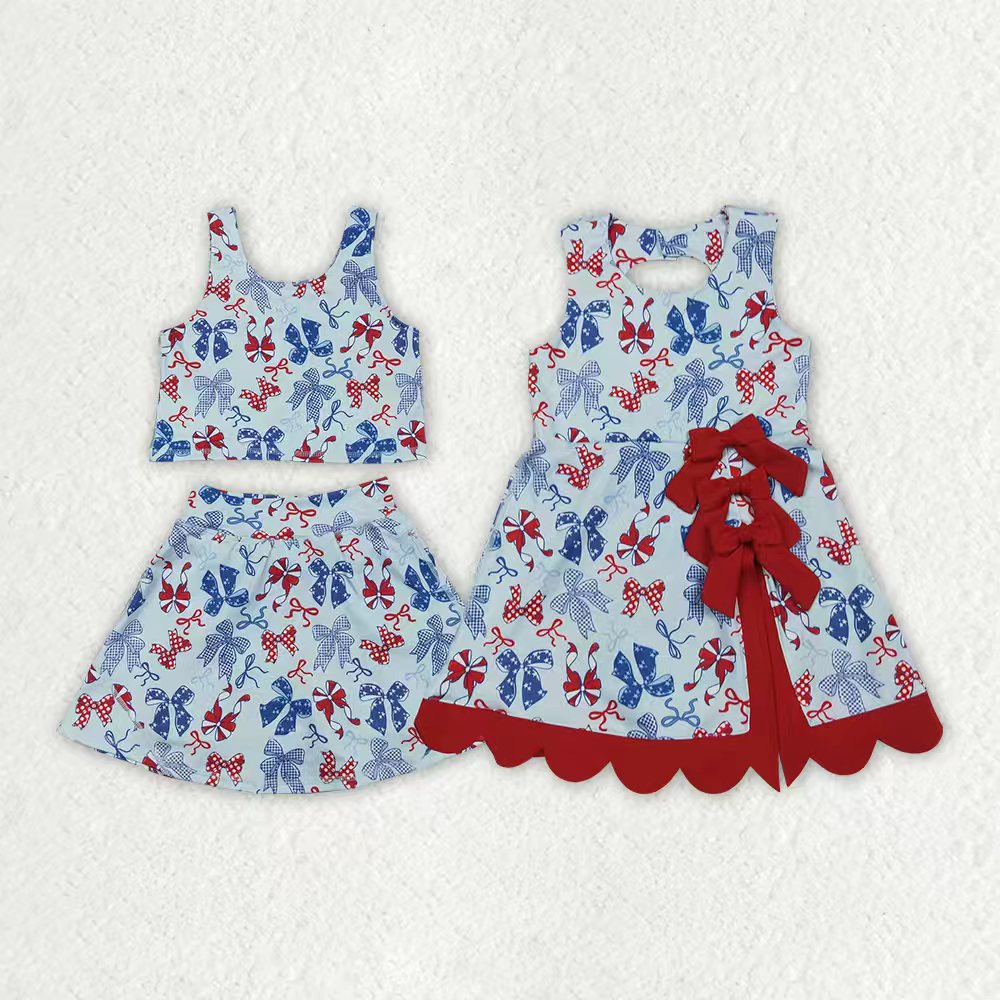 Red blue bow print girls summer active wear set