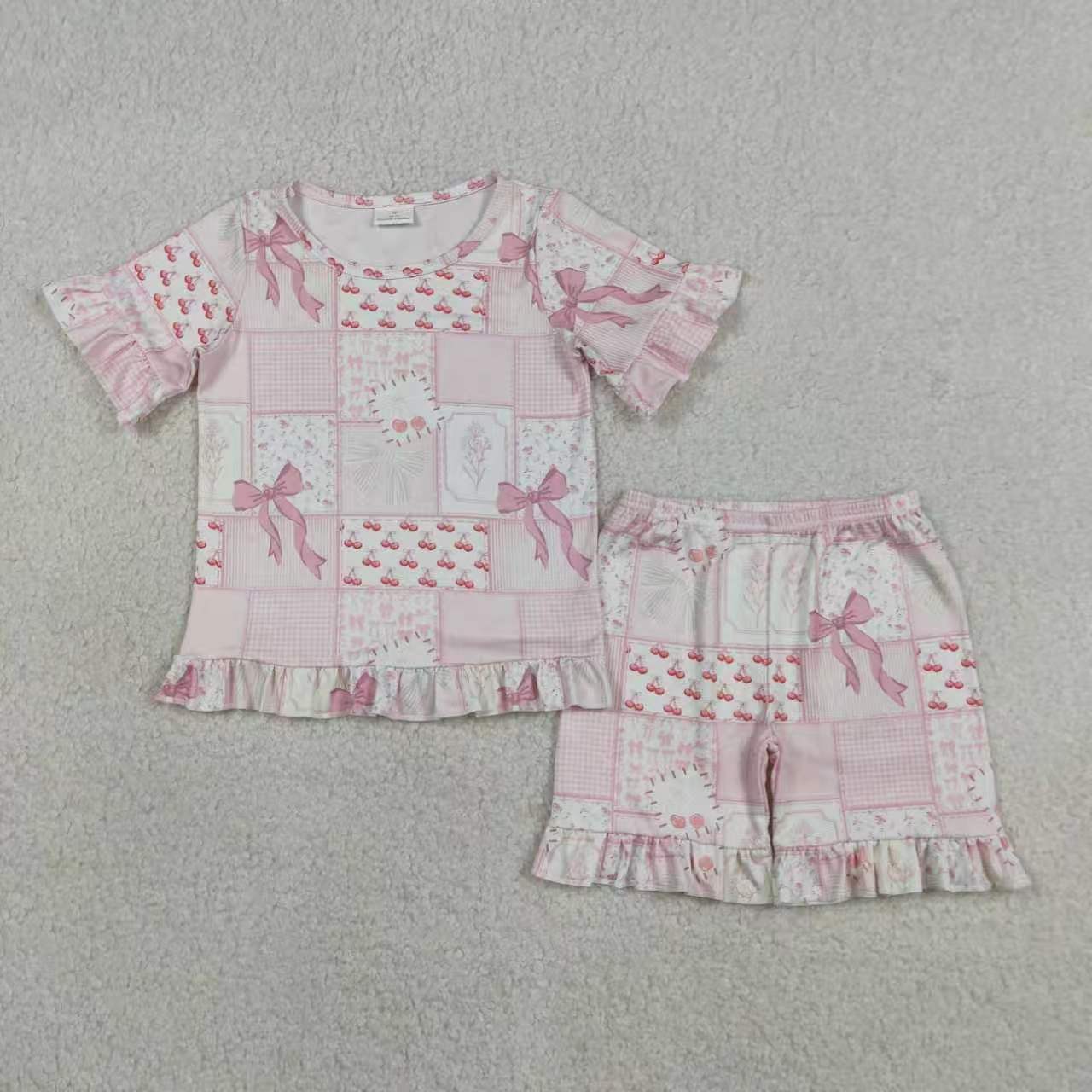 Pink bow short sleeve top matching shorts girls summer outfit