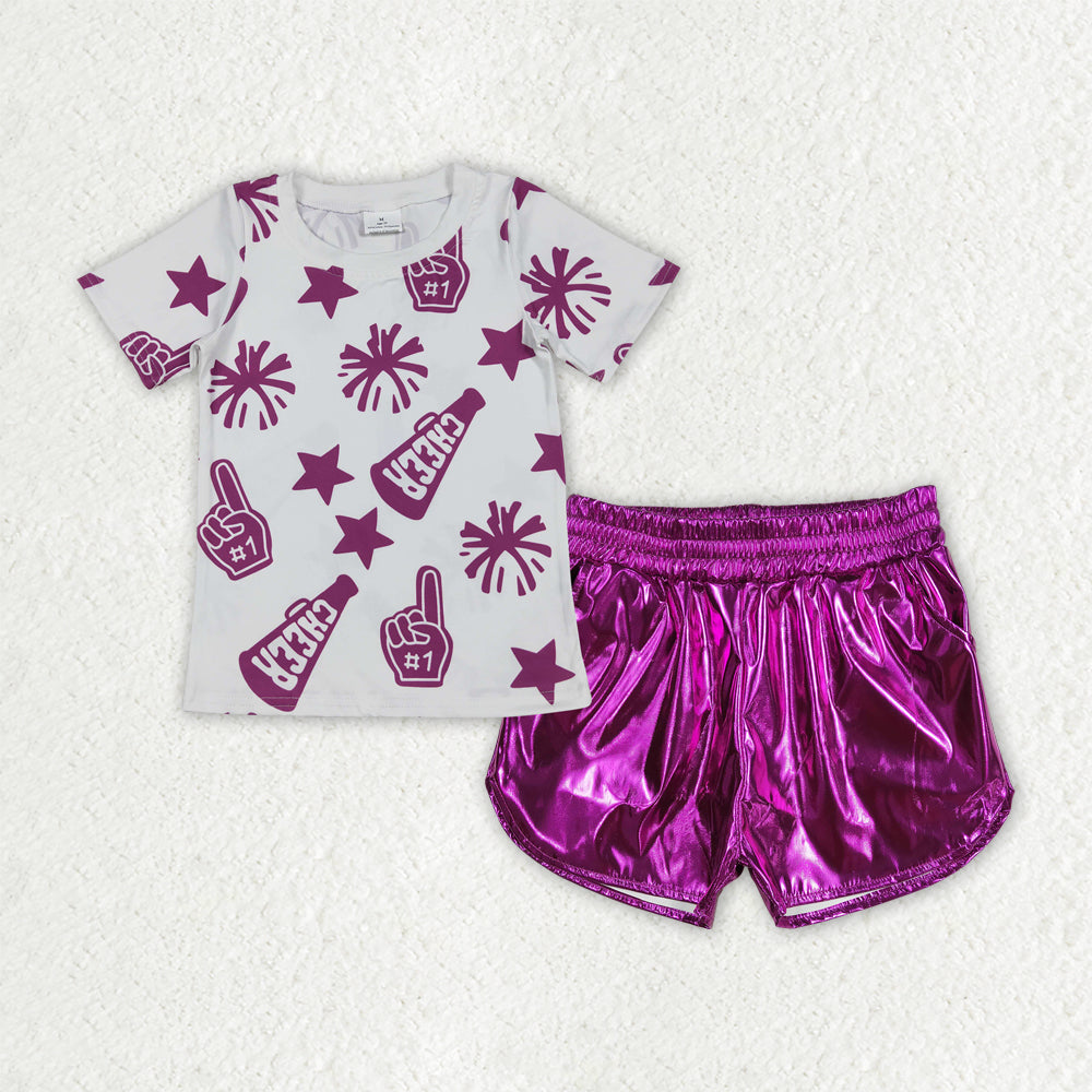 Girls purple cheer shirt pu shorts girl summer outfit