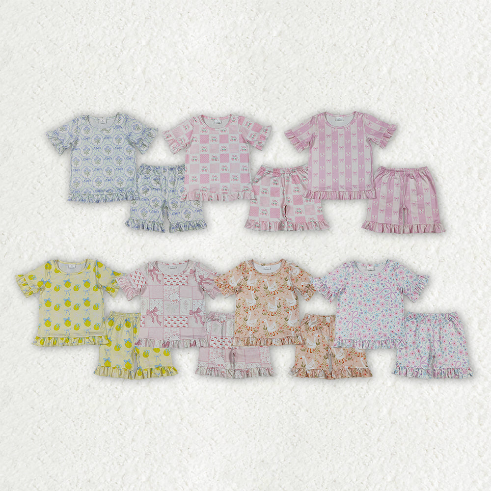 Pink bow short sleeve top matching shorts girls summer outfit