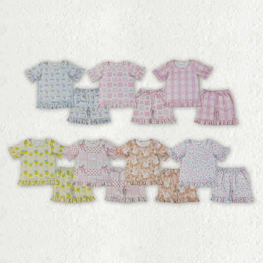 Pink bow short sleeve top matching shorts girls summer outfit