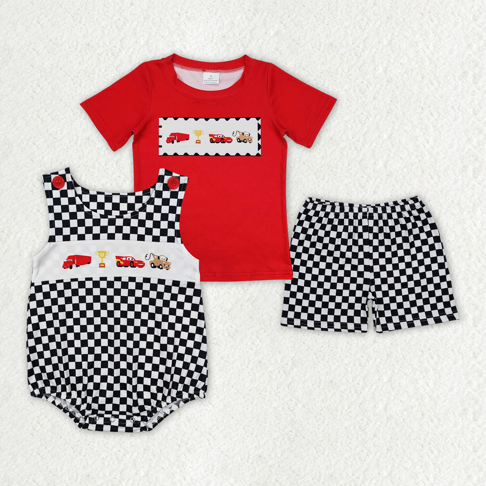 Cartoon car red top black checkered shorts baby boy matching outfit