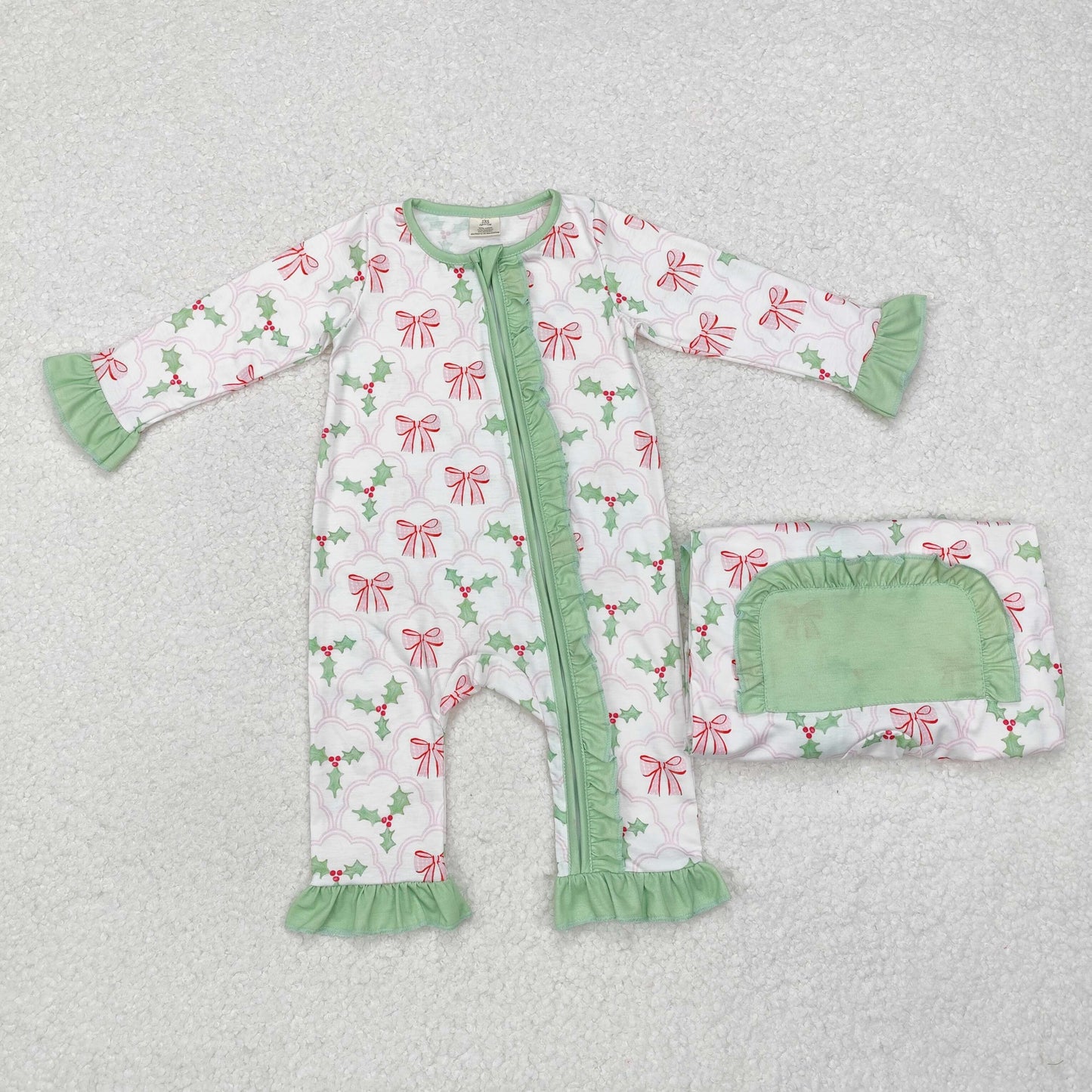 Family design wholesale kids girls christmas holly bow long sleeve bamboo pajama set