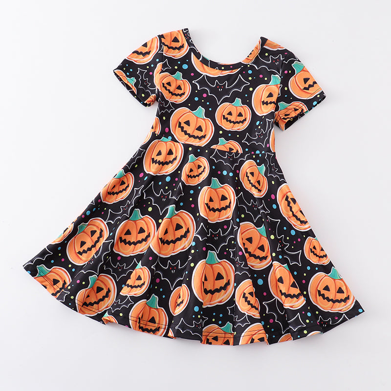 Wholesale Kids Girls Halloween Pumpkin Short Sleeve Dress