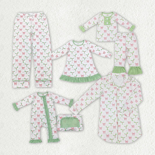 Family design wholesale kids girls christmas holly bow long sleeve bamboo pajama set