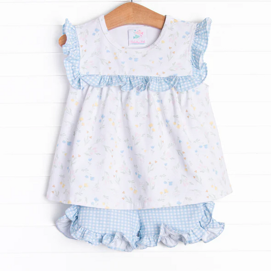 wholesale girls blue floral summer shorts outfit