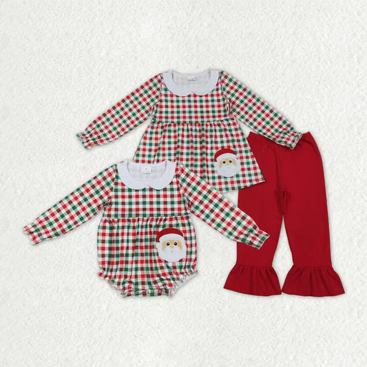 Christmas embroidery Santa Claus green red plaid long sleeve outfit