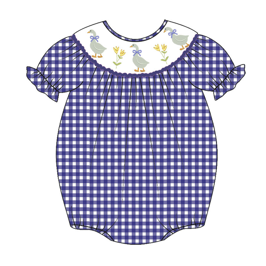 Newborn baby girls duck print blue gingham romper