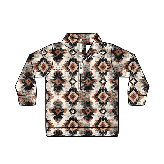 western cowboy aztec long sleeve zip pullover top