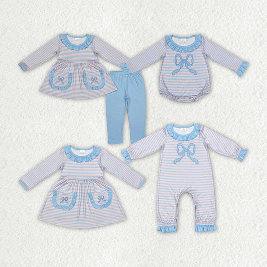 Sister brother embroidery bow pocket outfit clothes