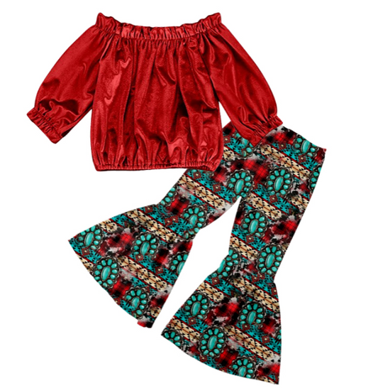 Kids long sleeve red velvet tio matching bell bottoms pants outfit