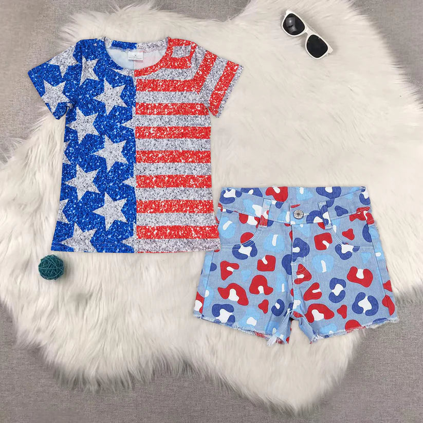 RTS NO MOQ GT0584+SS0166 Girls short-sleeved top Red  blue leopard print denim shorts outfit